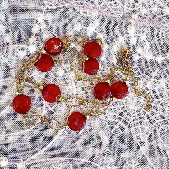 Red & Gold Bead Link Chain Necklace - Picture 8 of 8